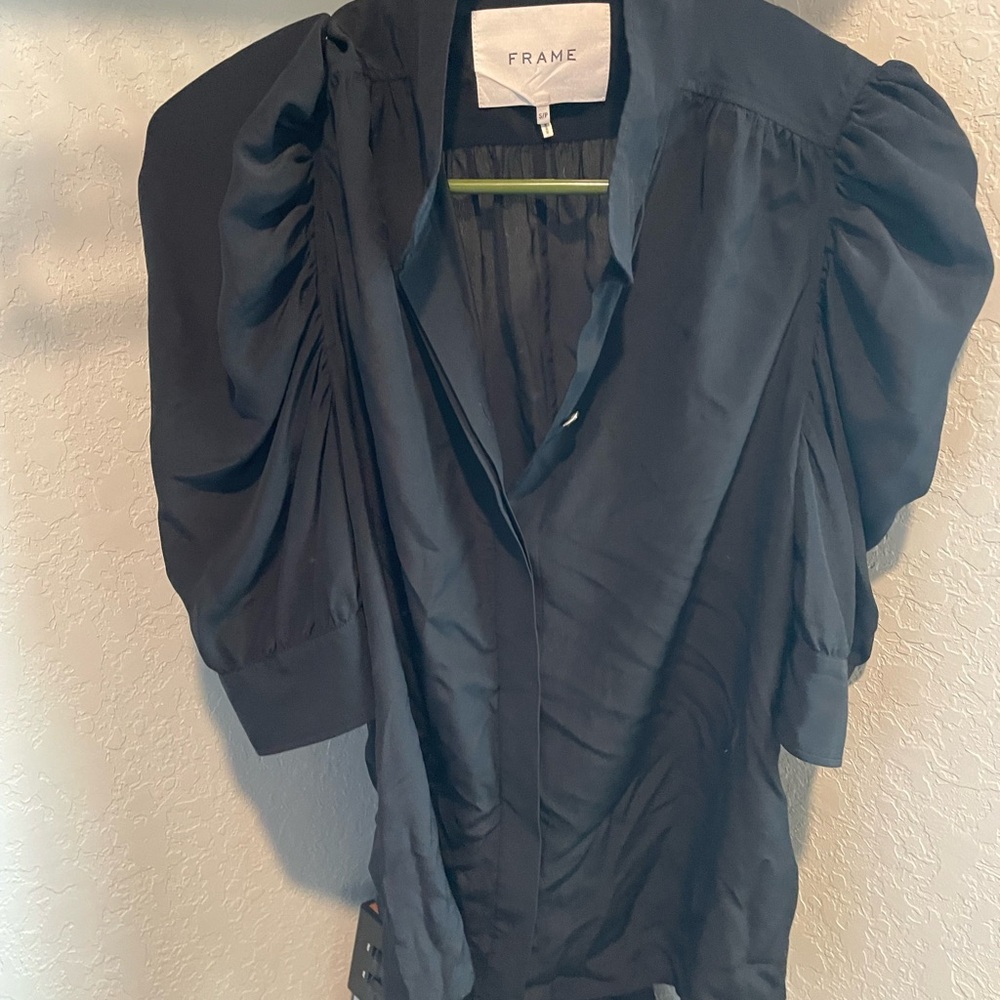 Frame Denim Black Asymmetrical Puff Sleeve Blouse
